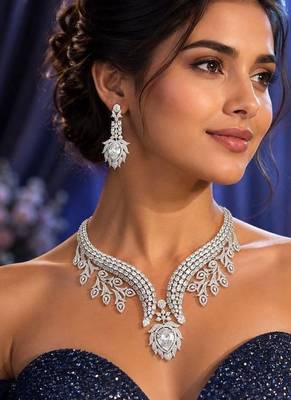 Crystal Leaf Statement Necklace Earrings Set – CZ Bridal Jewelry, Rhinestone Wedding Party Necklace 1