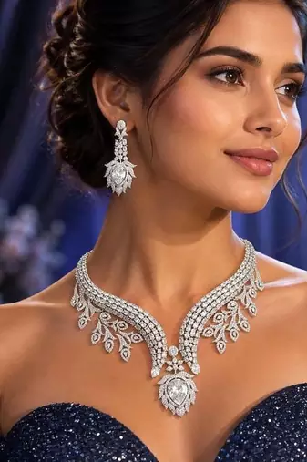 Crystal Leaf Statement Necklace Earrings Set – CZ Bridal Jewelry, Rhinestone Wedding Party Necklace