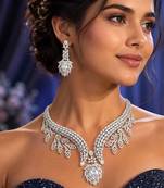 Crystal Leaf Statement Necklace Earrings Set – CZ Bridal Jewelry, Rhinestone Wedding Party Necklace