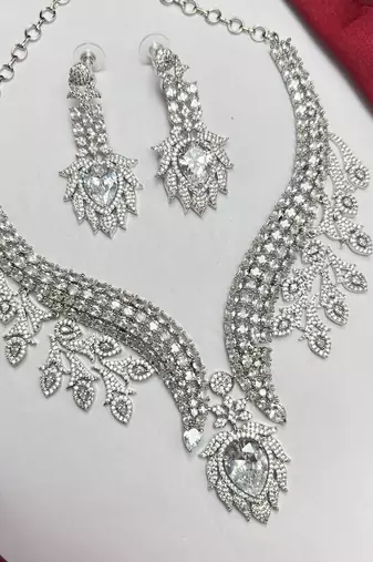 Crystal Leaf Statement Necklace Earrings Set – CZ Bridal Jewelry, Rhinestone Wedding Party Necklace