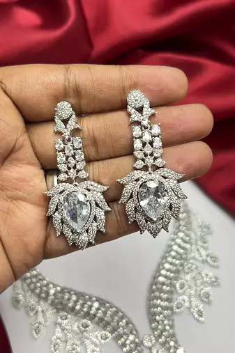 Crystal Leaf Statement Necklace Earrings Set – CZ Bridal Jewelry, Rhinestone Wedding Party Necklace