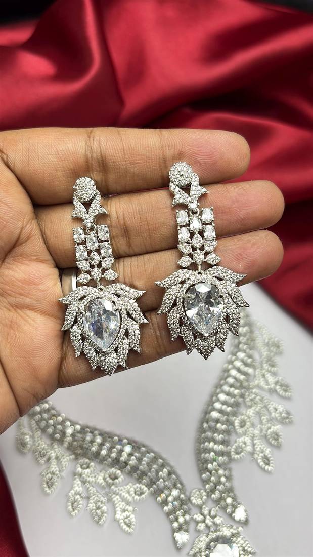 Crystal Leaf Statement Necklace Earrings Set – CZ Bridal Jewelry, Rhinestone Wedding Party Necklace
