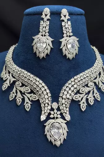 Crystal Leaf Statement Necklace Earrings Set – CZ Bridal Jewelry, Rhinestone Wedding Party Necklace