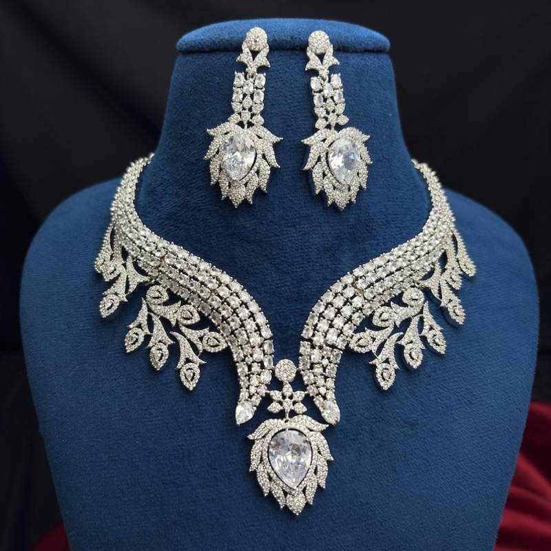 Crystal Leaf Statement Necklace Earrings Set – CZ Bridal Jewelry, Rhinestone Wedding Party Necklace