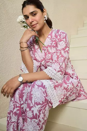Floral Printed V Neck Pure Cotton A-Line Kurta with Trousers