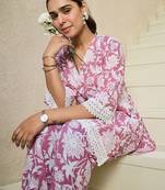 Floral Printed V Neck Pure Cotton A-Line Kurta with Trousers