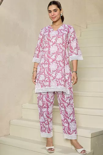Floral Printed V Neck Pure Cotton A-Line Kurta with Trousers