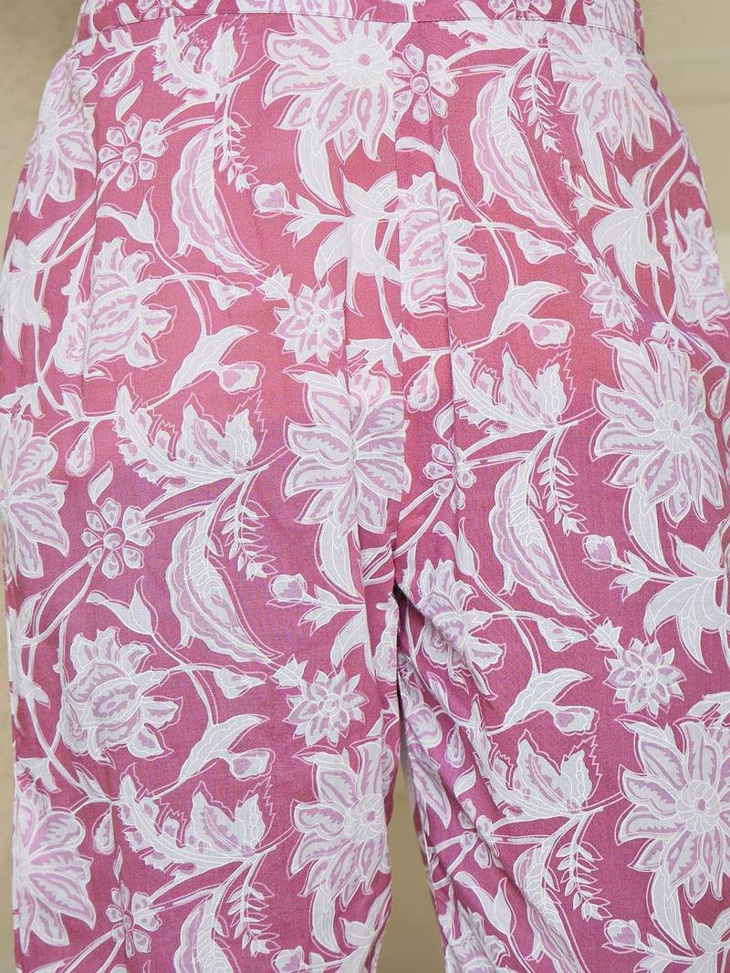 Floral Printed V Neck Pure Cotton A-Line Kurta with Trousers