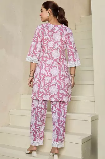 Floral Printed V Neck Pure Cotton A-Line Kurta with Trousers