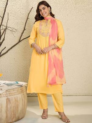 Floral Embroidered Mirror Work Pure Cotton A-Line Kurta With Trousers & Dupatta 2