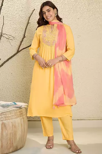 Floral Embroidered Mirror Work Pure Cotton A-Line Kurta With Trousers & Dupatta