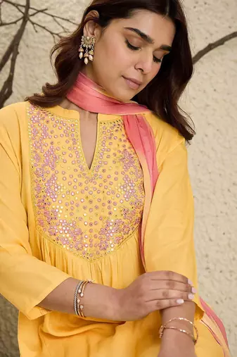Floral Embroidered Mirror Work Pure Cotton A-Line Kurta With Trousers & Dupatta