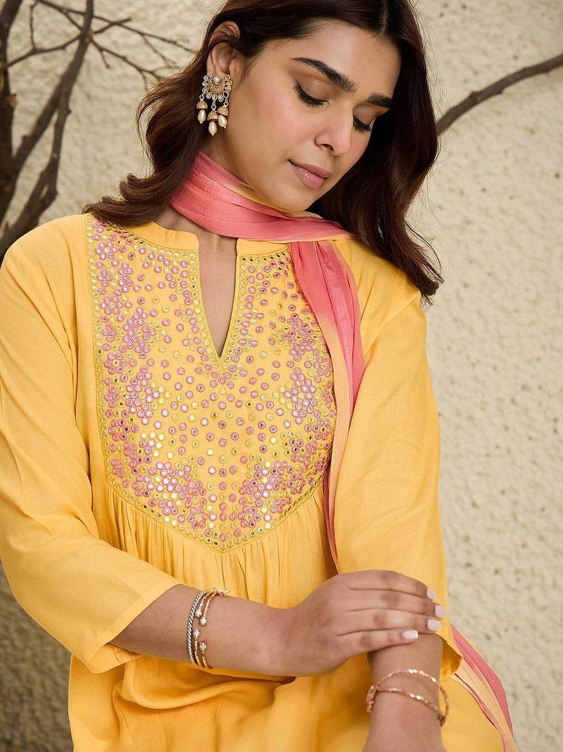 Floral Embroidered Mirror Work Pure Cotton A-Line Kurta With Trousers & Dupatta