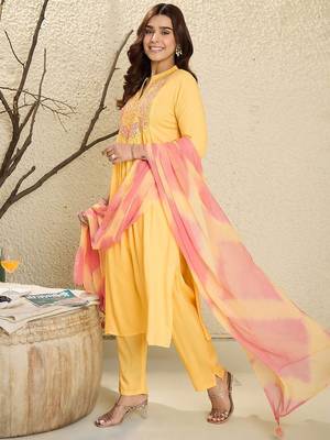 Floral Embroidered Mirror Work Pure Cotton A-Line Kurta With Trousers & Dupatta 5