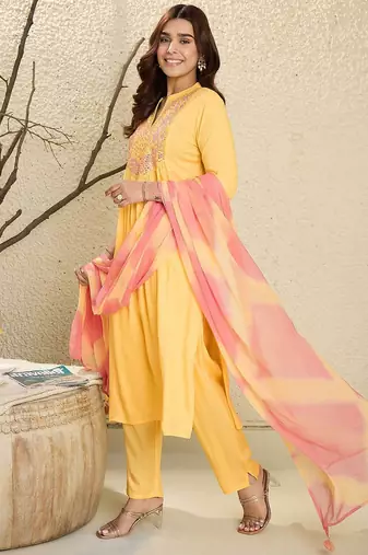 Floral Embroidered Mirror Work Pure Cotton A-Line Kurta With Trousers & Dupatta