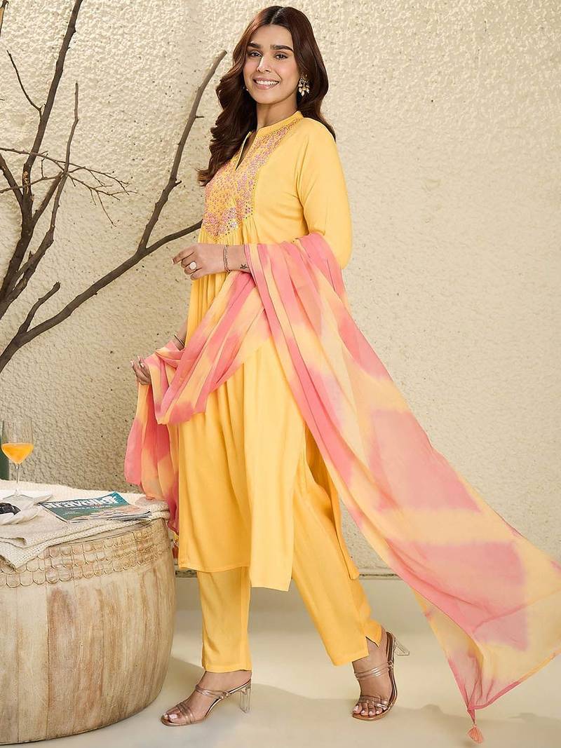 Floral Embroidered Mirror Work Pure Cotton A-Line Kurta With Trousers & Dupatta