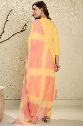 Floral Embroidered Mirror Work Pure Cotton A-Line Kurta With Trousers & Dupatta
