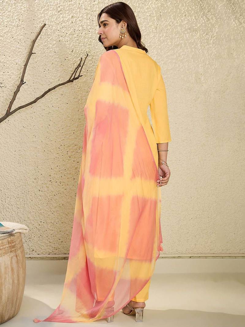 Floral Embroidered Mirror Work Pure Cotton A-Line Kurta With Trousers & Dupatta