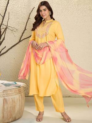 Floral Embroidered Mirror Work Pure Cotton A-Line Kurta With Trousers & Dupatta 7