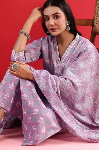 Ethnic Motifs Printed Regular Pure Cotton Straight Kurta with Trousers & Dupatta