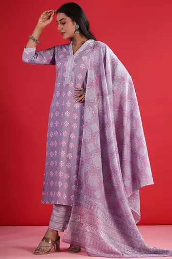 Ethnic Motifs Printed Regular Pure Cotton Straight Kurta with Trousers & Dupatta