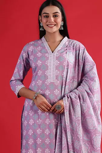 Ethnic Motifs Printed Regular Pure Cotton Straight Kurta with Trousers & Dupatta
