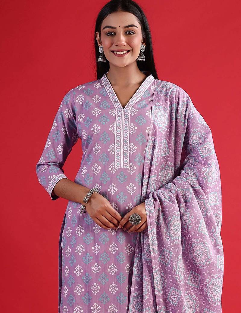 Ethnic Motifs Printed Regular Pure Cotton Straight Kurta with Trousers & Dupatta
