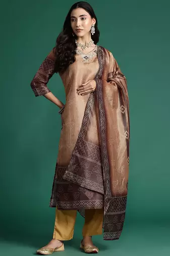Bandhani Printed Thread Work Kurta with Trousers & With Dupatta