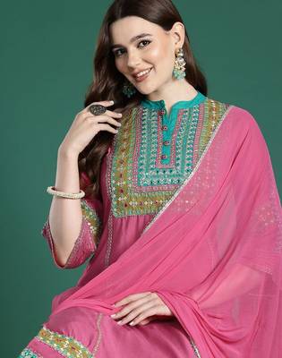 Ethnic Motifs Embroidered Panelled Mirror Work Kurta With Trousers & Dupatta 2