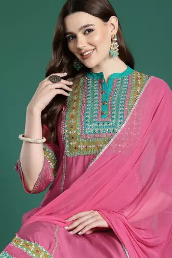 Ethnic Motifs Embroidered Panelled Mirror Work Kurta With Trousers & Dupatta