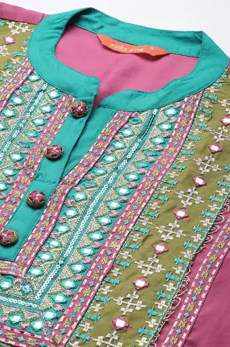 Ethnic Motifs Embroidered Panelled Mirror Work Kurta With Trousers & Dupatta