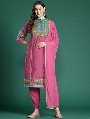 Ethnic Motifs Embroidered Panelled Mirror Work Kurta With Trousers & Dupatta 1