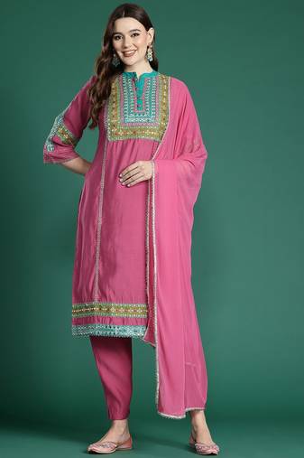 Ethnic Motifs Embroidered Panelled Mirror Work Kurta With Trousers & Dupatta