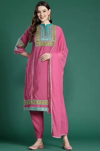 Ethnic Motifs Embroidered Panelled Mirror Work Kurta With Trousers & Dupatta