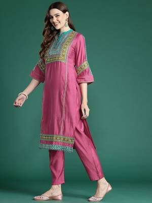 Ethnic Motifs Embroidered Panelled Mirror Work Kurta With Trousers & Dupatta 6