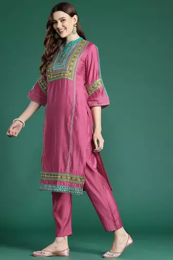 Ethnic Motifs Embroidered Panelled Mirror Work Kurta With Trousers & Dupatta