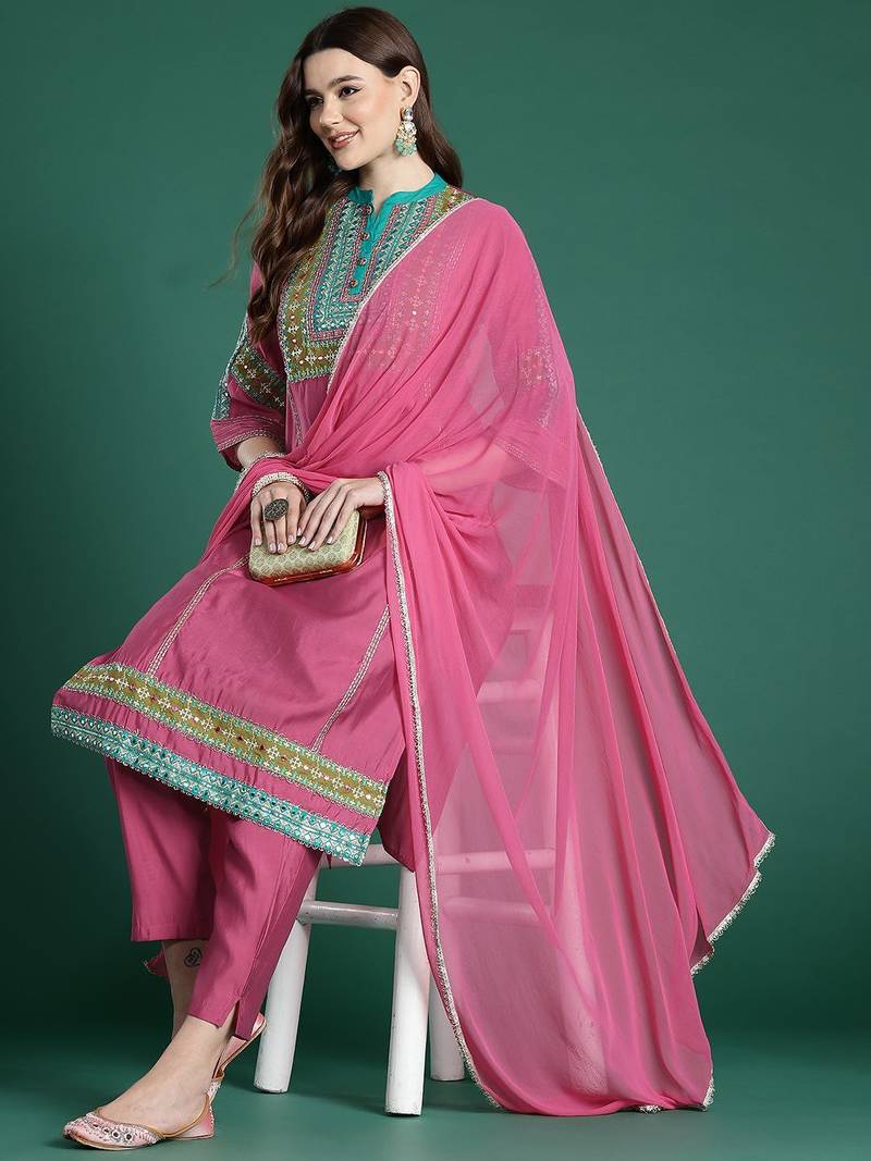 Ethnic Motifs Embroidered Panelled Mirror Work Kurta With Trousers & Dupatta