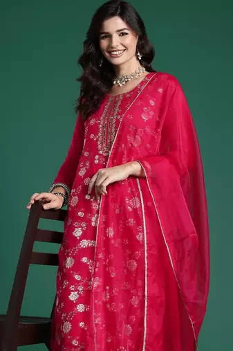 Women Floral Embroidered Kurta With Trousers & Dupatta