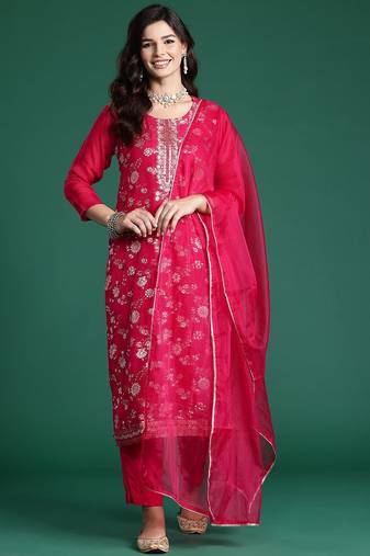 Women Floral Embroidered Kurta With Trousers & Dupatta