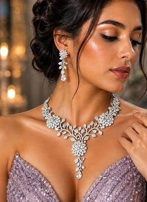 Crystal Floral Necklace Earrings Set, Silver Tone Vine Bridal Jewelry, Statement Wedding Prom 1
