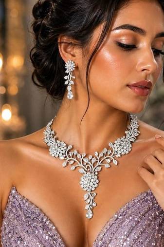 Crystal Floral Necklace Earrings Set, Silver Tone Vine Bridal Jewelry, Statement Wedding Prom