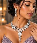 Crystal Floral Necklace Earrings Set, Silver Tone Vine Bridal Jewelry, Statement Wedding Prom