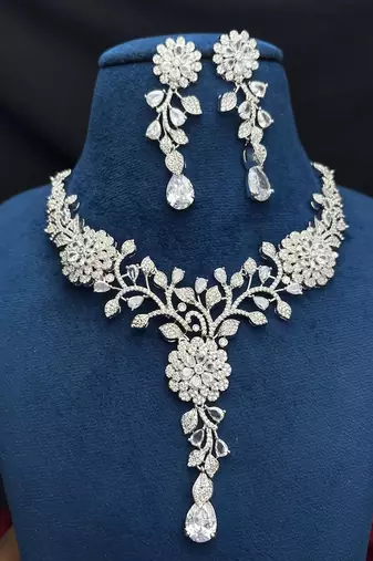 Crystal Floral Necklace Earrings Set, Silver Tone Vine Bridal Jewelry, Statement Wedding Prom