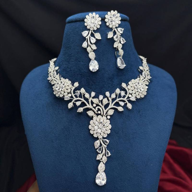 Crystal Floral Necklace Earrings Set, Silver Tone Vine Bridal Jewelry, Statement Wedding Prom