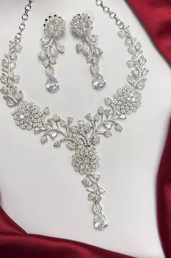 Crystal Floral Necklace Earrings Set, Silver Tone Vine Bridal Jewelry, Statement Wedding Prom