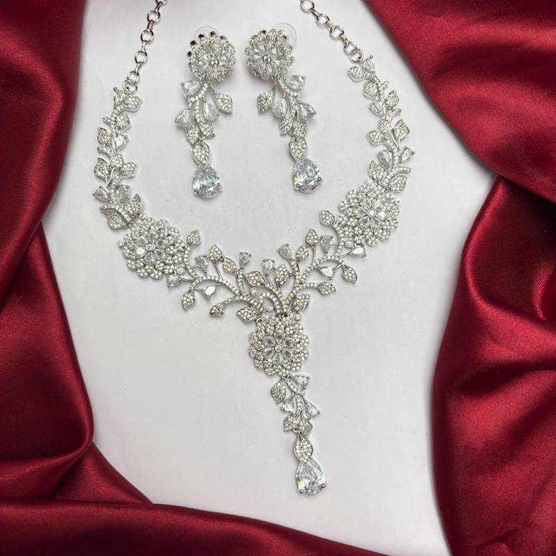 Crystal Floral Necklace Earrings Set, Silver Tone Vine Bridal Jewelry, Statement Wedding Prom