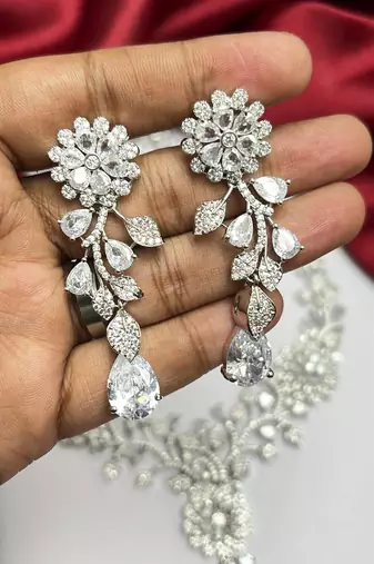 Crystal Floral Necklace Earrings Set, Silver Tone Vine Bridal Jewelry, Statement Wedding Prom