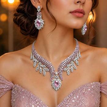Pink Crystal Necklace Earrings Set, Bridal Statement Jewelry, Sparkling Wedding Prom Glamour 1