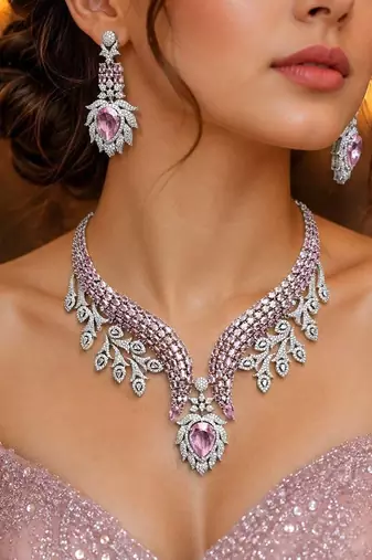 Pink Crystal Necklace Earrings Set, Bridal Statement Jewelry, Sparkling Wedding Prom Glamour