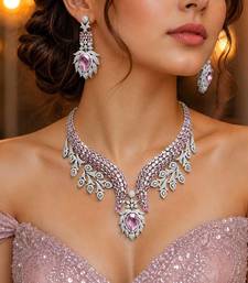 Pink Crystal Necklace Earrings Set, Bridal Statement Jewelry, Sparkling Wedding Prom Glamour